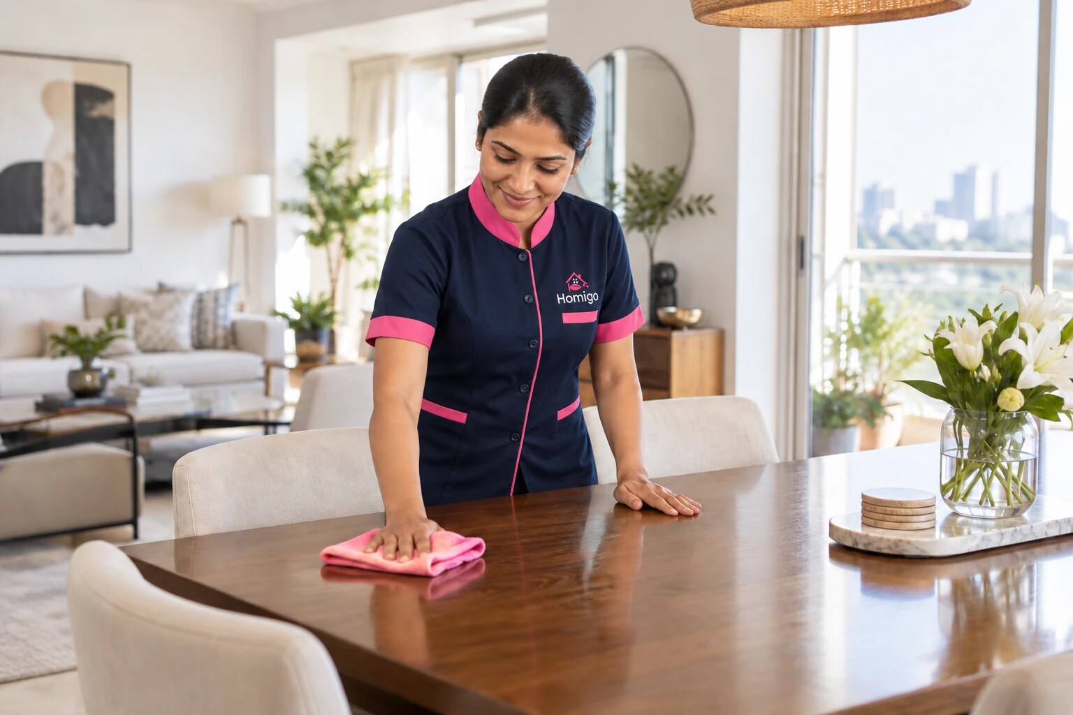 A professional caring for a bright, welcoming home