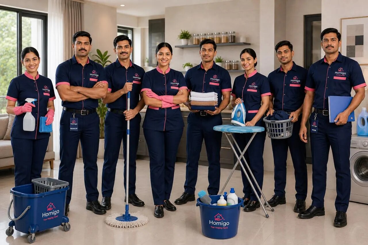 The Homigo team in navy uniforms with pink trim